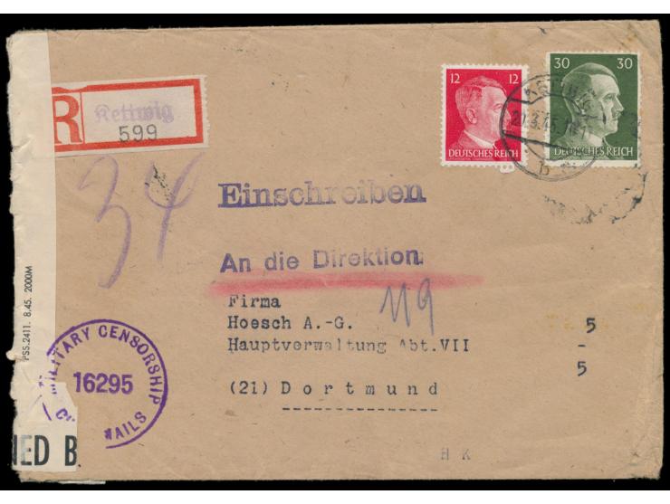 12 und 30 Pf. Hitler auf &nbsp;Einschreibbrief &nbsp;mit Stempel &nbsp;Kettwig &nbsp;20.3.45 nach Dortmund, trotz der geringe