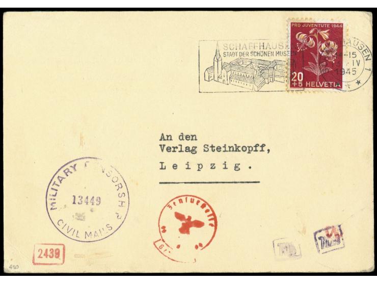 Schweiz &nbsp;20 Rp. &quot;Pro Patria&quot; (leicht fleckig) mit Maschinenstempel &nbsp;Schaffhausen 1 &nbsp;13.4.45 nach Lei