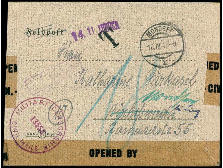 österr. Stempel &nbsp;Mondsee &nbsp;16.4.45 auf unfrankiertem Faltbrief nach Bischofswerda, T-Stempel und R1 &nbsp;Nachgebühr