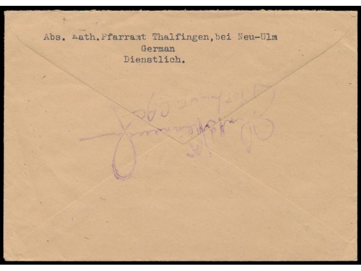 Behördenbrief mit Stempel  Thalfingen  26.8.45 nach Günzburg, handschriftlich Gebühr bezahlt, rückseitig  Zensurstempel  der 