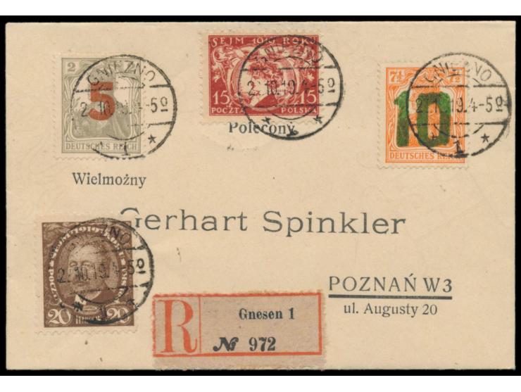 Gnesener Aushilfsausgabe:  5 f auf 2 Pf. und 10 f auf 7 1/2 Pf. mit Sejm 15 f und 20 f auf Einschreibbrief mit gedruckter Adr