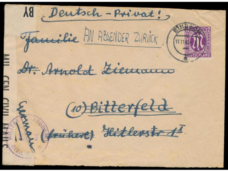 Brief mit AM-Post 12 Pf., Stempel  Einbeck  11.11.45, nach Bitterfeld, links britischer Zensurverschluß und Zensurstempel mit