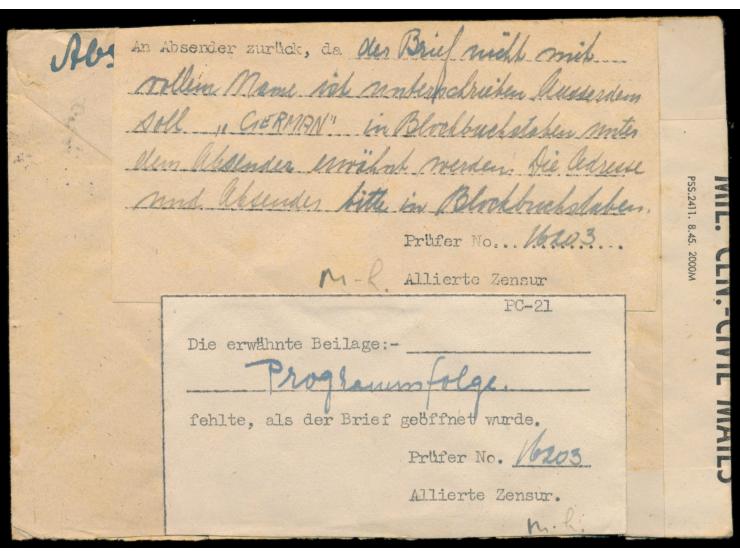 Brief mit AM-Post 12 Pf., Stempel  Einbeck  11.11.45, nach Bitterfeld, links britischer Zensurverschluß und Zensurstempel mit