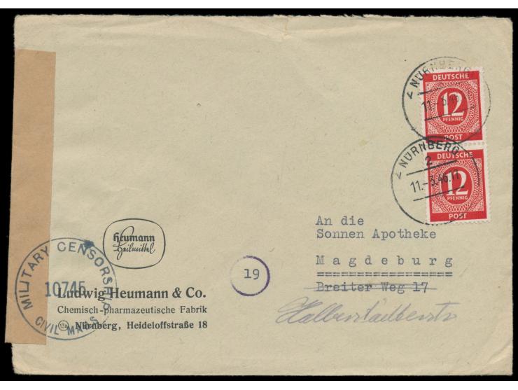 2 x 12 Pf. Kontrollrat auf Brief mit Stempel &nbsp;Nürnberg 2 &nbsp;11.3.46 nach Magdeburg, US-Zensurstempel 10745 auf neutra