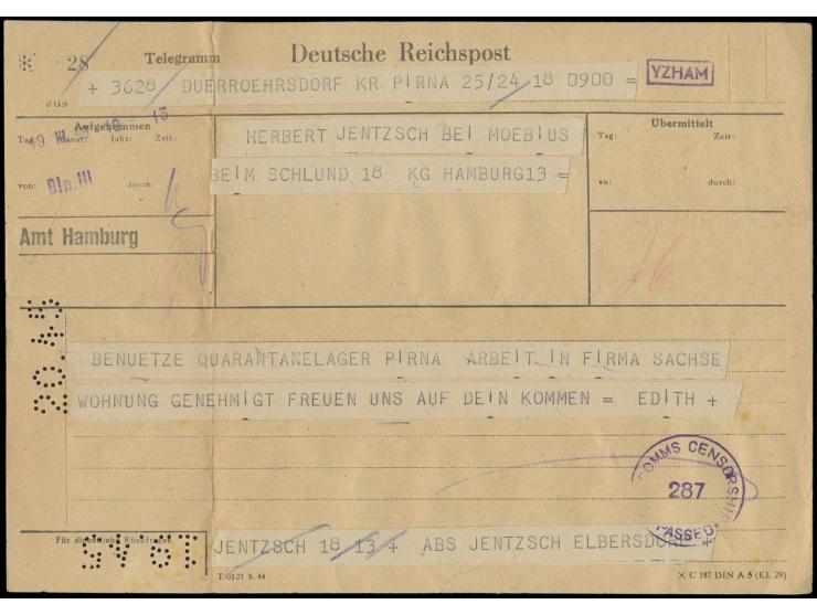 Telegramm aus Dürröhrsdorf bei Pirna 19.3.46 via Berlin nach Hamburg, viol. R1  YZHAM  und Kreisstempel  Telecomms Censorship