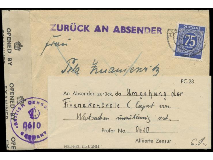 EF 75 Pf. Ziffer auf &nbsp;Auslandsbrief &nbsp;mit Stempel &nbsp;Hamburg &nbsp;7.12.46 nach Polen, links britischer Zensurver
