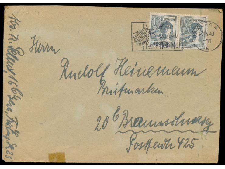 2 x 12 Pf. Kontrollrat auf Brief mit Maschinenstempel &nbsp;Gera 4 &nbsp;22.6.47 nach Braunschweig, rückseitig seltener sowje