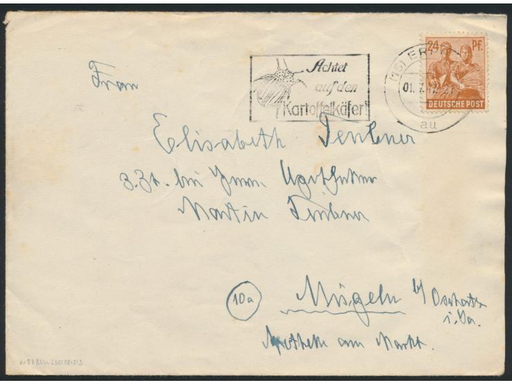 24 Pf. Kontrollrat auf Brief mit Maschinenstempel Erfurt 1.7.47 nach Mügeln, rückseitig violetter sowjetischer Zensurstempel 
