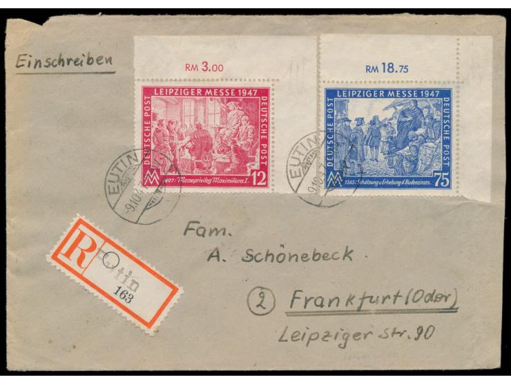 Leipziger Herbstmesse 12 Pf. und 75 Pf. mit Eckrand rechts oben (letztere mit Plattenfehler) auf Einschreibbrief, alter Gitte