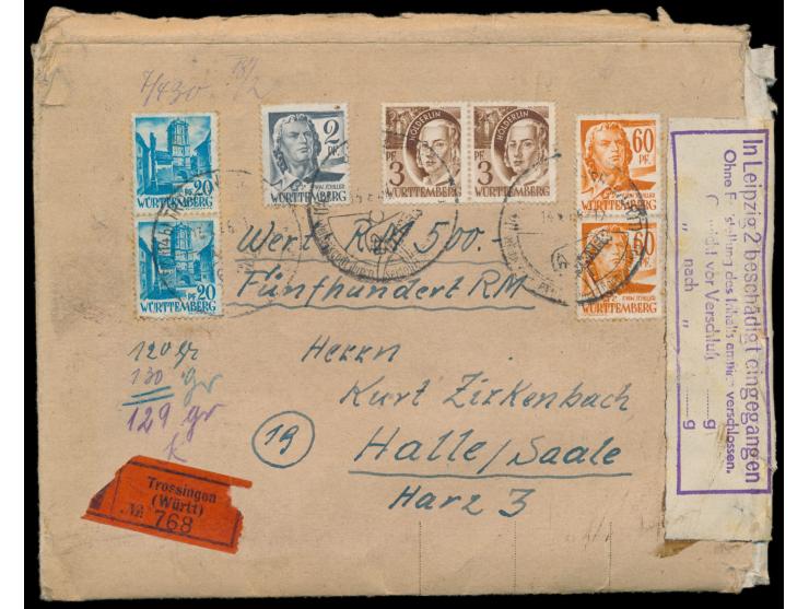 Wertbrief  (Format 18 x 14 cm) mit Württemberg-Frankatur 168 Pf. mit Wertangabe 500 M. und 129 gr. Gewicht, Stempel  Trossing