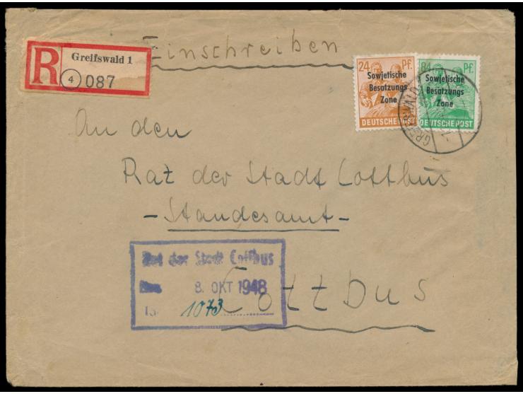 Einschreibbrief &nbsp;2. Gewicht, Frankatur 108 Pf., Stempel &nbsp;Greifswald &nbsp;1.10.48, nach Cottbus, rückseitig sowjeti