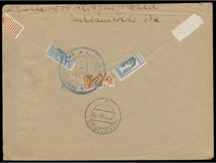 Einschreibbrief &nbsp;2. Gewicht, Frankatur 108 Pf., Stempel &nbsp;Greifswald &nbsp;1.10.48, nach Cottbus, rückseitig sowjeti