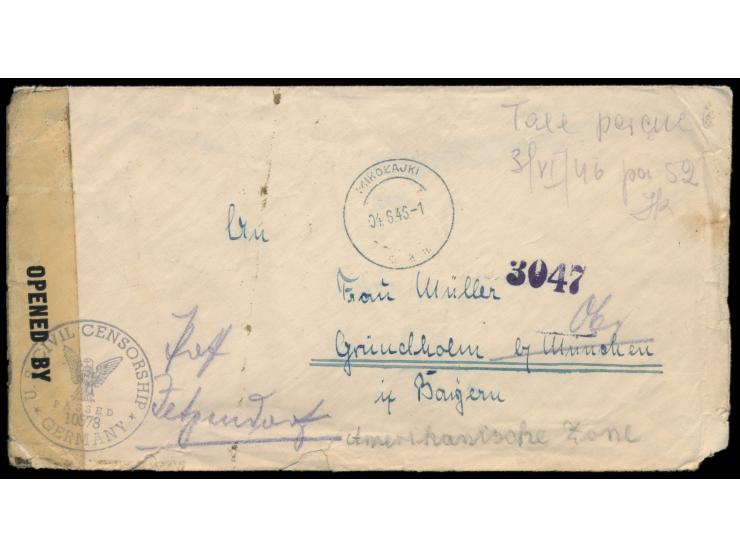 umgearbeiteter deutscher Stempel  Mikolajki  4.6.46 (ehemals Nikolaiken) und handschriftlichem Vermerk  "Taxe percue"  auf Br