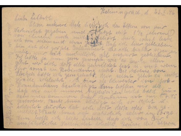 UdSSR-Ganzsache 20 Kop. (kleine Schürfung im Wertstempel) mit 2 x 15 Kop. nach Erfurt, Absenderangabe "Schw. Elfriede Baumgär