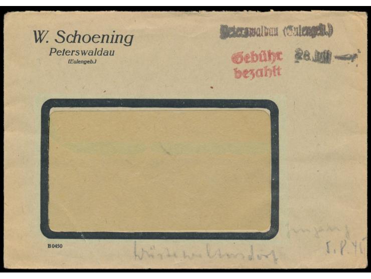 Deutsche Postverwaltung in Niederschlesien:  seltener schwarzer Not-L1  Peterswaldau (Eulengeb.)  mit Datum-L1 28. Juli (1945