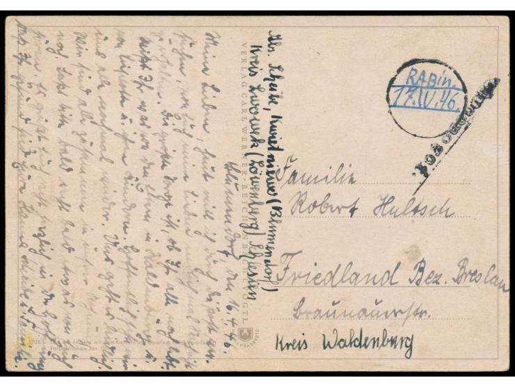 Postkarte mit handschriftlichem Aufgabevermerk  "Rabin. 17.IV.46"  in einem gestempeltem Kreis und polnischem Barfrankierungs