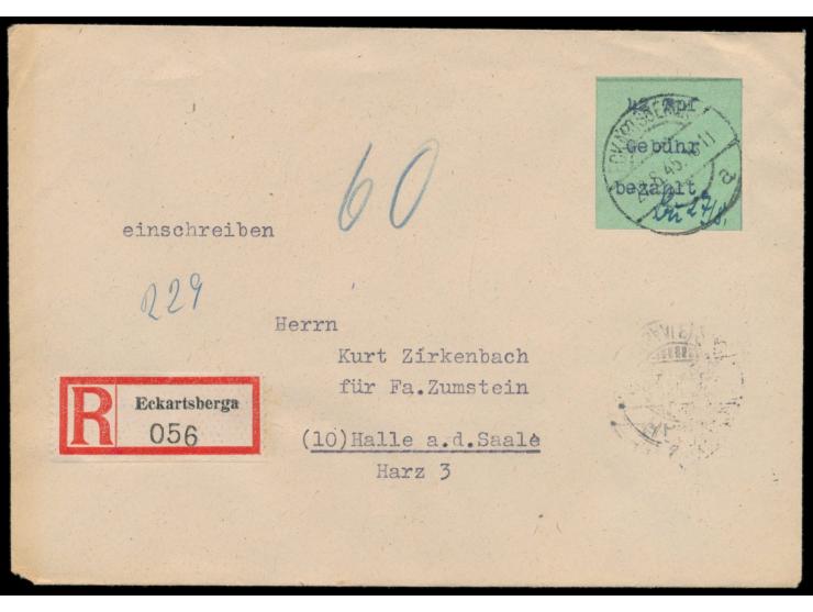 Eckartsberga,  Gebührenzettel 42 Pf. mit Signum "Bu" auf philatelistischen  Einschreibbrief  mit Stempel Eckartsberga 27.8.45