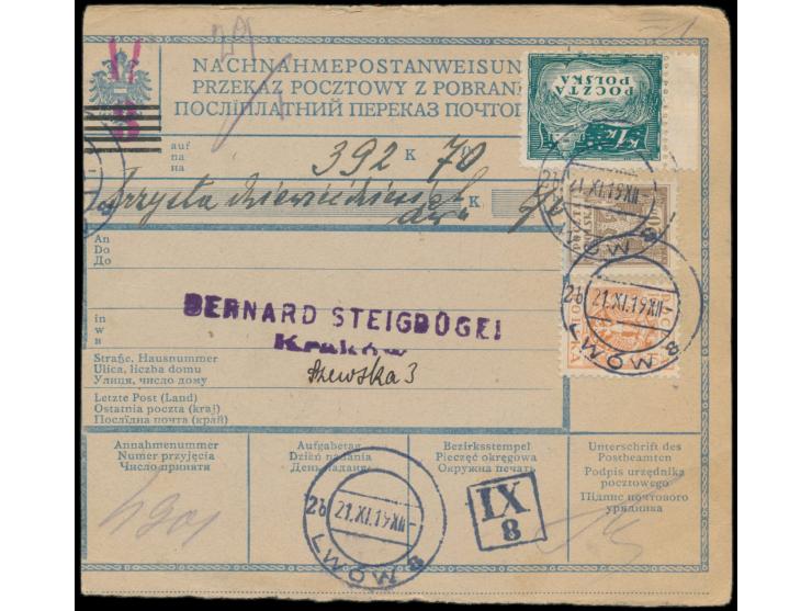 Nachnahme-Postanweisung  auf 392 K. (dreisprachiges österreichisches Formular), Frankatur 10 H., 20 h. und 1 K., aptierter St