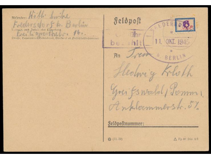 Fredersdorf,  Etikette 6 Pf. mit Signum auf Postkarte nach Greifswald, Ovalstempel Fredersdorf b. Berlin 11. Okt. 1945 und R2