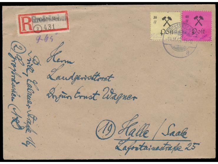 Großräschen,  30 Pf. (Type I) und 40 Pf. (Type I) auf  Einschreibbrief  mit Gitterstempel  Grossräschen a  14.11.45 nach Hall