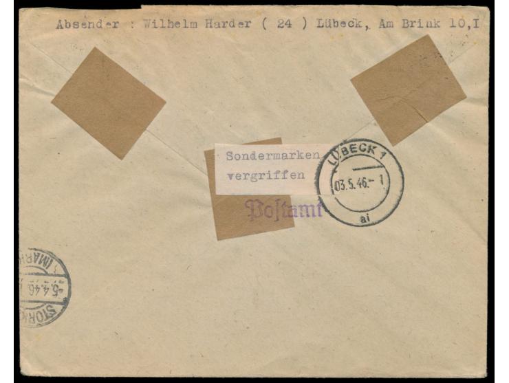 Storkow,  2 x 42 Pf. AM-Post auf Einschreibbrief aus Lübeck 25.3.46 an das Postamt Storkow, Ankunftstempel Storkow 5.4.46, Au