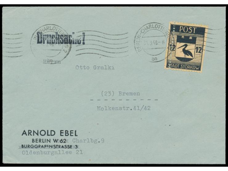 Storkow,  12 Pf. fehlgezähnt und senkrecht entlang des Markenbildes mit Scherenschnitt auf Drucksache, Maschinenstempel  Berl