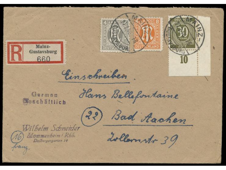 Frühverwendung 30 Pf.  (Eckrandstück rechts unten) mit 4 und 8 Pf. AM-Post auf  Einschreibbrief  nach Aachen, Stempel  Mainz-