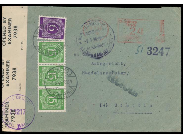 Postfreistempel  Hamburg 1  26.7.46 mit aptiertem Wertrahmen 24 Pf. auf Behördenbrief  nach Stettin,  Kontrollrat 6 Pf. und 3