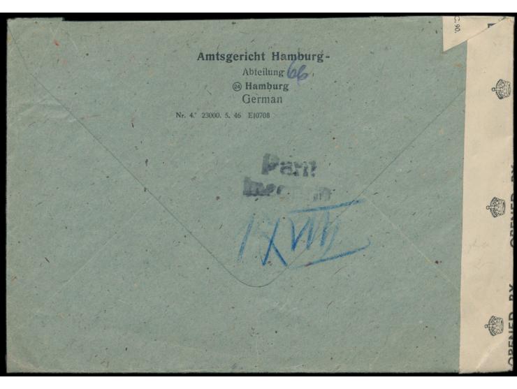 Postfreistempel  Hamburg 1  26.7.46 mit aptiertem Wertrahmen 24 Pf. auf Behördenbrief  nach Stettin,  Kontrollrat 6 Pf. und 3
