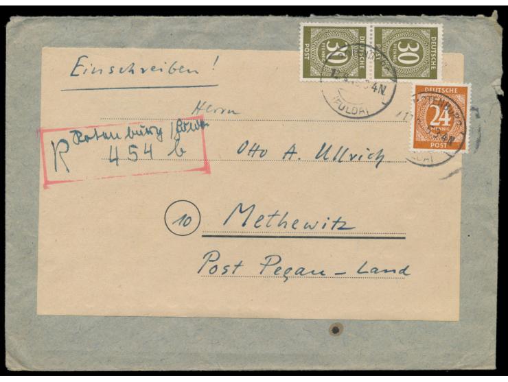 24 Pf. und 2 x 30 Pf. Ziffer auf Einschreibbrief mit Stempel  Rotenburg (Fulda)  12.9.46 nach Methewitz bei Pegau,  handschri