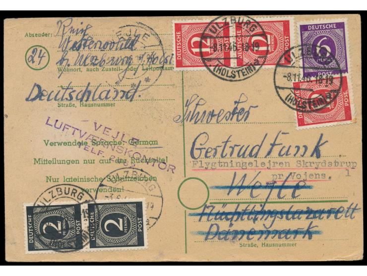 Auslandskarte  Ulzburg (Holstein)  8.11.46, Ziffern-Frankatur 46 Pf., in das dänische Lager für Ostpreußen-Flüchtlingen in Ve