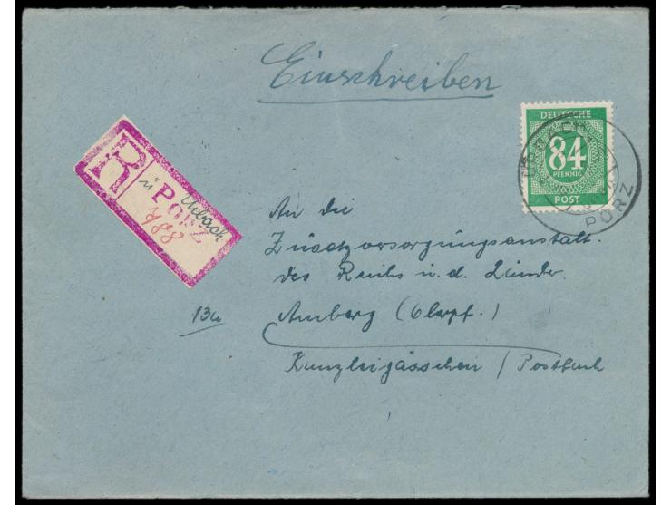 84 Pf. auf Einschreibbrief mit Stempel  Urbach über Porz  15.11.46 nach Amberg,  Not-R-Zettel:  R-Stempel Porz auf weißem Pap
