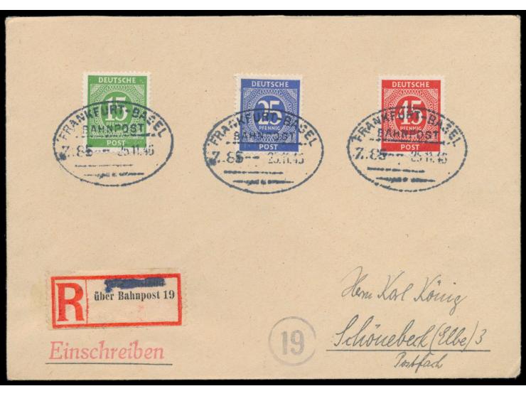 Einschreibbrief mit 15, 25 und 45 Pf. Ziffer, Bahnpoststempel  Frankfurt - Basel  Z. 85 25.11.46, auch auf  R-Zettel "Vom Aus