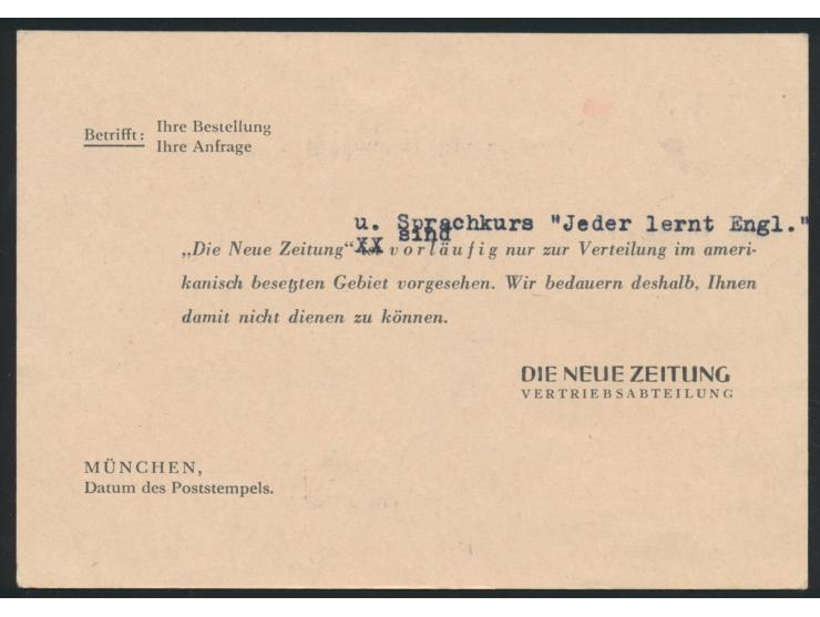Drucksachenkarte "Die Neue Zeitung" mit rotem Stempel (13b) München 13 Bezahlt 26.11.46 nach Cottbus / SBZ, rückseitig Text "
