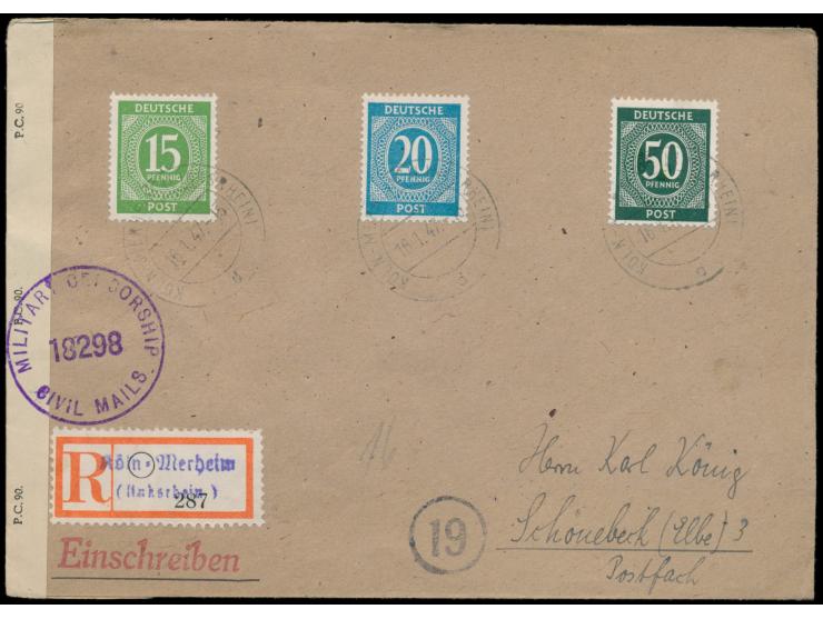 2 Einschreibbriefe, jeweils frankiert mit 15 Pf. 20 Pf. und 50 Pf. Ziffer, 1 x Stempel  Köln-Merheim (Linksrhein)  16.1.47 un