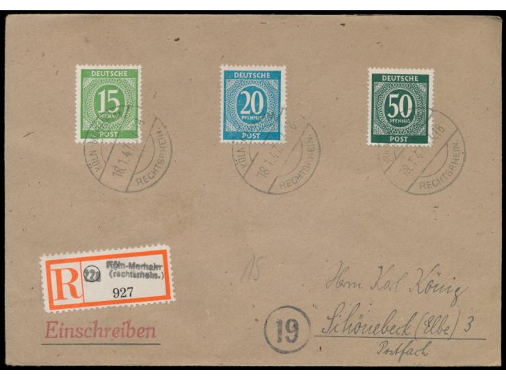 2 Einschreibbriefe, jeweils frankiert mit 15 Pf. 20 Pf. und 50 Pf. Ziffer, 1 x Stempel  Köln-Merheim (Linksrhein)  16.1.47 un