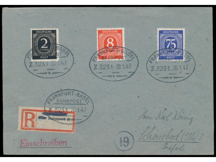 Einschreibbrief mit 2, 8 und 75 Pf. Ziffer, Bahnpoststempel  Frankfurt - Basel  Z. 3231 20.1.47, auch auf  R-Zettel "Vom Ausl