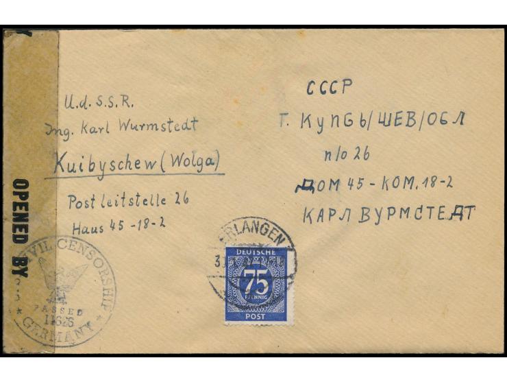 75 Pf. Ziffer auf Brief mit Stempel  Erlangen 2  30.1.47an den Ingenieur Karl Wurmstedt  in Kuibyschew / UdSSR,  deutscher Sp