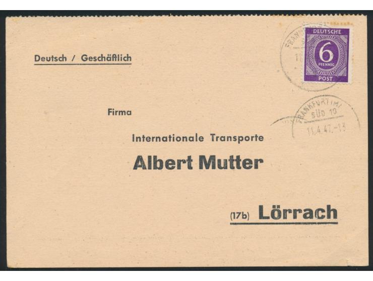 6 Pf. Ziffer (etwas fleckig) mit Stempel Frankfurt (Main) Süd 10 11.4.47 auf Empfangsbestätigungskarte für ein Liebesgabenpak