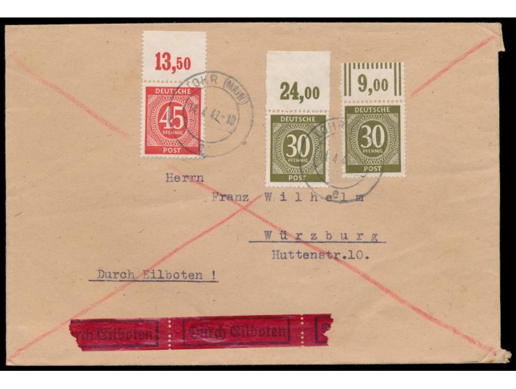 30 Pf. Ziffer mit   Walzendruck-Oberrand  mit 30 Pf. Ziffer und 45 Pf. Ziffer mit Plattendruck-Oberrand auf Eilbrief, Stempel