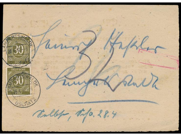 2 x 30 Pf. Ziffer mit Stempel  Lampertswalde über Oschatz  28.4.47 auf  Benachrichtigungskarte für zwei Geschenkpakete  (hekt