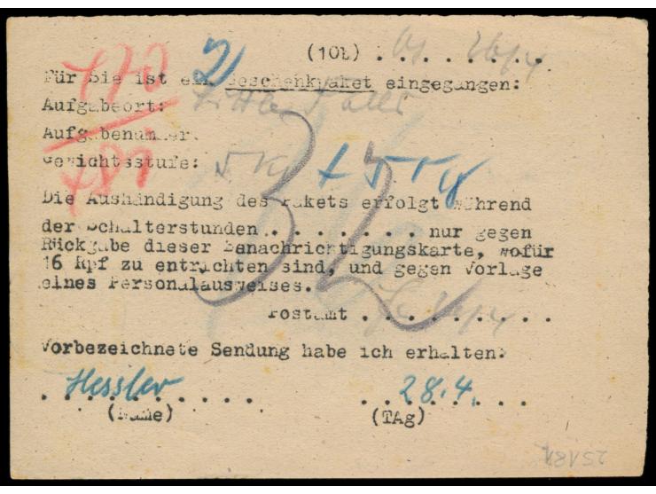 2 x 30 Pf. Ziffer mit Stempel  Lampertswalde über Oschatz  28.4.47 auf  Benachrichtigungskarte für zwei Geschenkpakete  (hekt