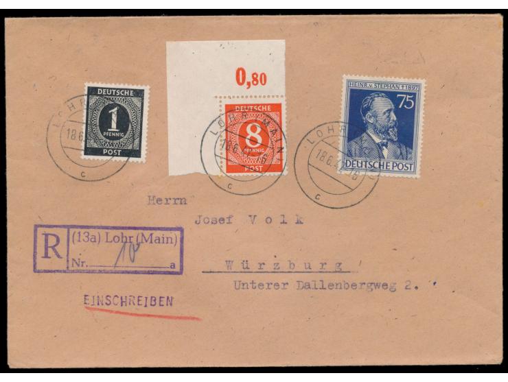 8 Pf. Ziffer mit Eckrand links oben  und 1 Pf. Ziffer und 75 Pf. Stephan auf Einschreibbrief, Stempel Lohr (Main) 18.6.47, vi