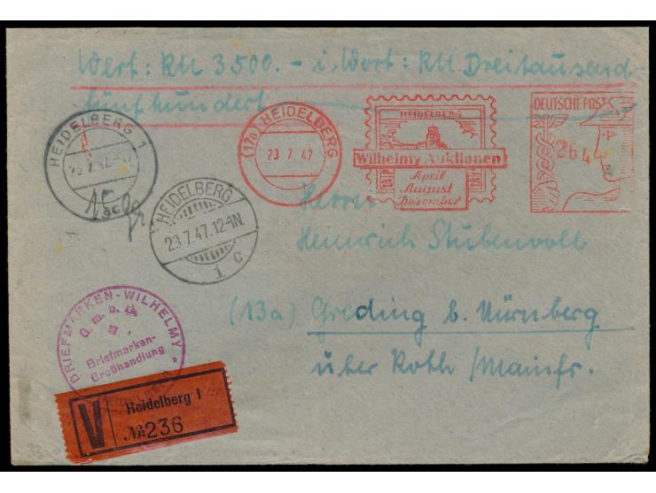Postalia-Absenderfreistempel  "Wilhelmy Auktionen" mit Merkurkopf-Wertrahmen 264 Pf.,  Heidelberg 23.7.47,  Wertbrief mit Wer