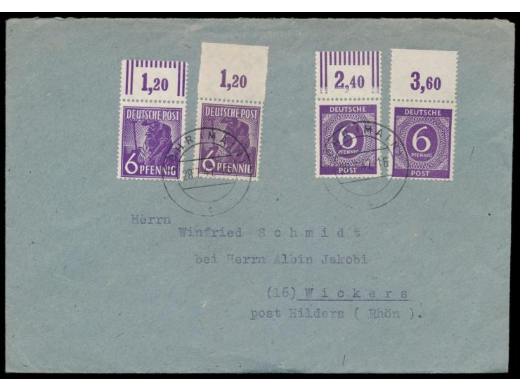 4 x 6 Pf. 1. und 2. Kontrollratserie mit Oberrändern auf Brief, dabei 6 Pf. Ziffer mit  durchgezähntem Plattendruck-Oberrand 