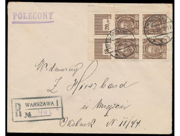 Oberrand-Viererblock 20 F. Trampczynski mit  Doppelzähnung im Oberrand  auf philatelistischem Einschreibbrief, aptierter deut