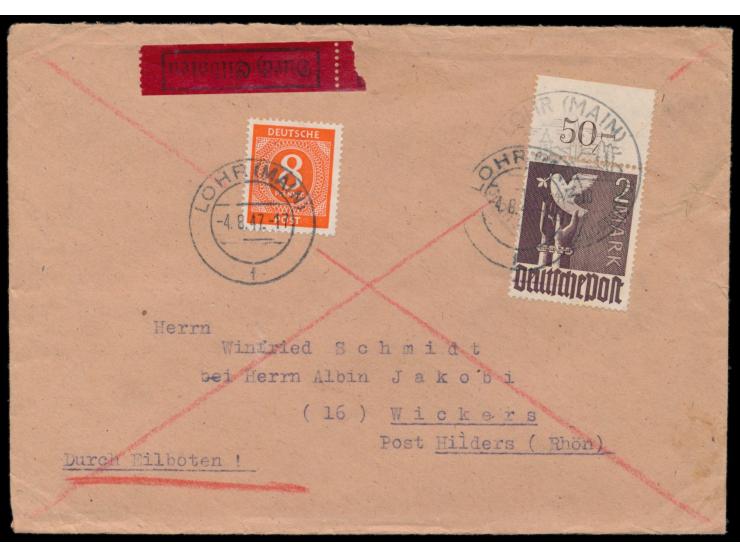 8 Pf. Ziffer und 2 M. Taube (mit Oberrand) auf  Eilbotenbrief 2. Gewicht in den Landbereich,  Stempel  Lohr (Main)  4.8.47, n