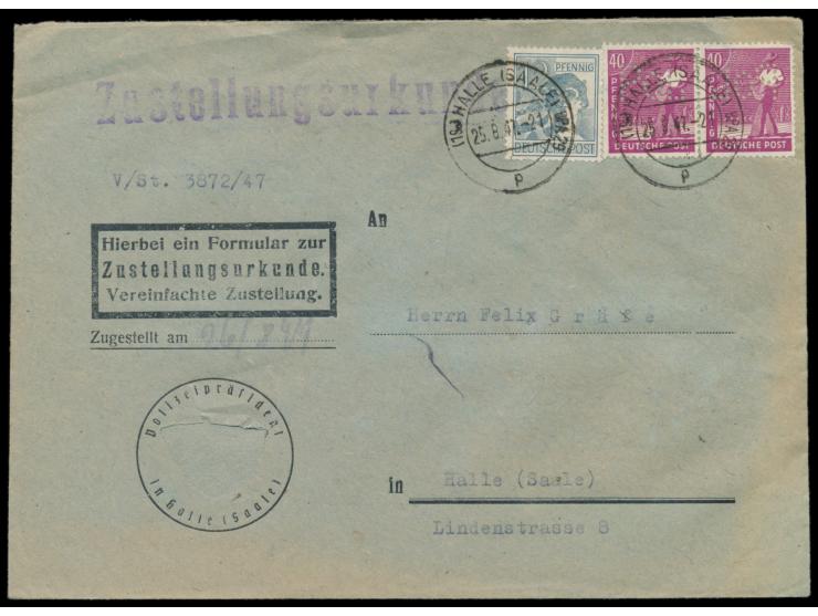 2. Kontrollratserie 12 Pf. und 2 x 40 Pf.  mit POL-Lochung  der Polizeidirektion Halle (Saale) auf  Orts-Zustellurkunde,  Ste