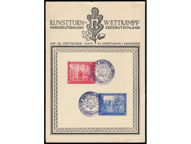 Leipziger Messe 1947 12 Pf. und 75 Pf. auf  Gedenkblatt "Kunstturn-Wettkampf"  mit entsprechendem  Sonderstempel Northeim (Ha