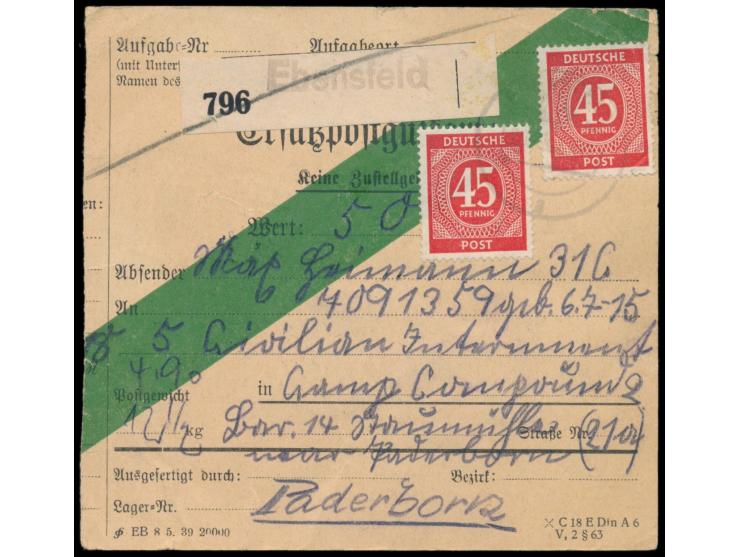 alte  Ersatzpostgutkarte  (Formular C 18 E ...) als  Notpaketkarte,  Frankatur 2 x 35 Pf. Ziffer und 4 x 1 M. Taube (rückseit